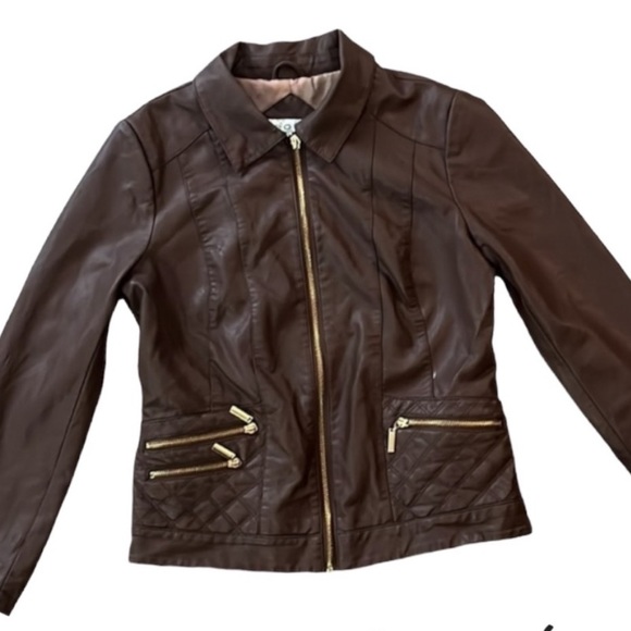 cleo Jackets & Blazers - Cleo faux leather brown jacket with gold hardware EUC